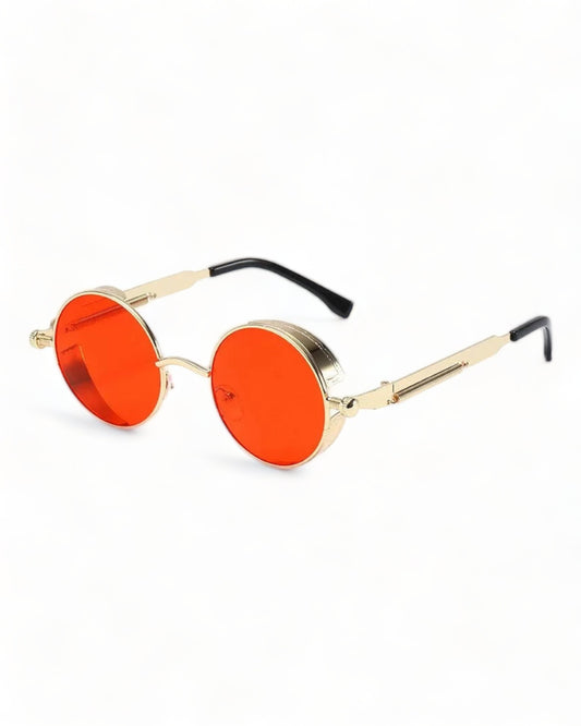 Sunglasses Eyewear round red lens gold frame steampunk cyberpunk Vintage Goggles Desert Festival Fashion Concert Rave Outfit Party