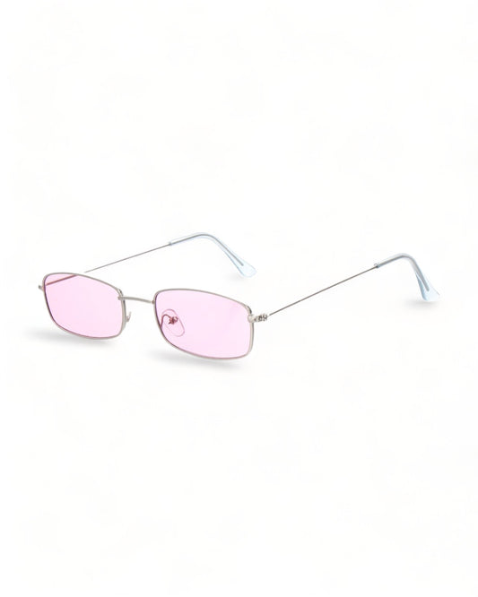 Rectangular sunglasses silver frame pink lens 