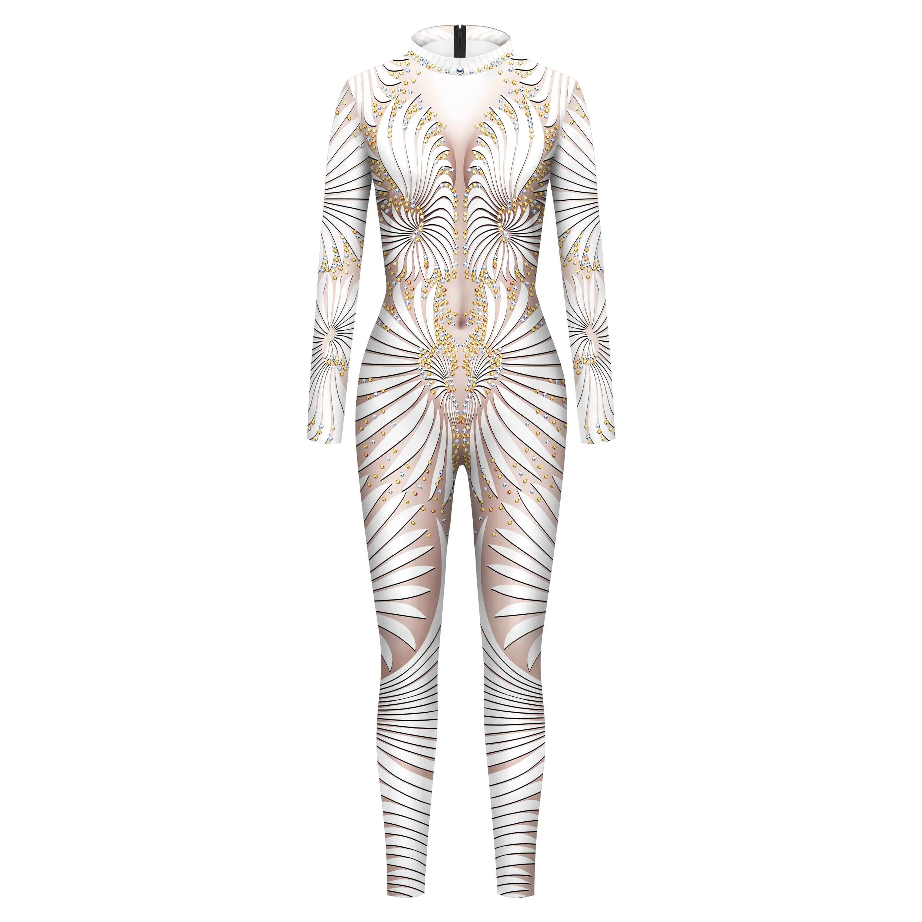 Phoenix White Lace Sequin jumpsuit catsuit with Rhinestones catsuit jumpsuit