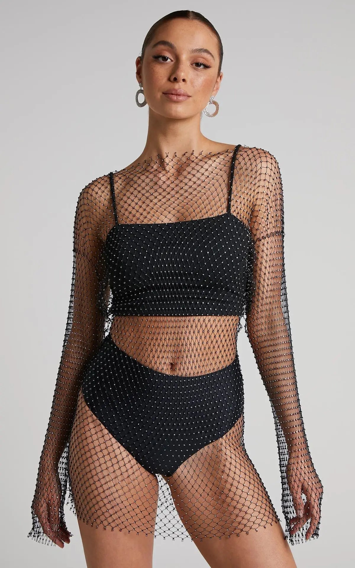 Rhinestones Diamond Black Fishnet Dress