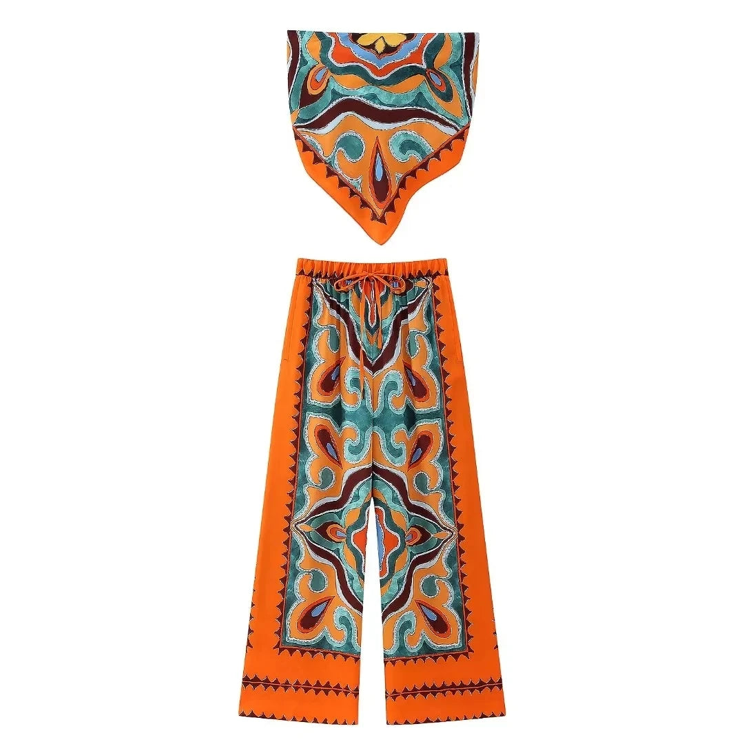 orange blue green Boho Style Set print dress Strapless Lace-up Top High Waist Straight Long Pants Fashion Festival Outfits Concert Rave Party 