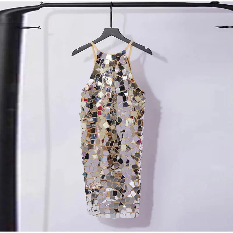 Shiny Metallic Sequin Dress Suspended Dress Sleeveless Bodycon Glitter festival fashion look