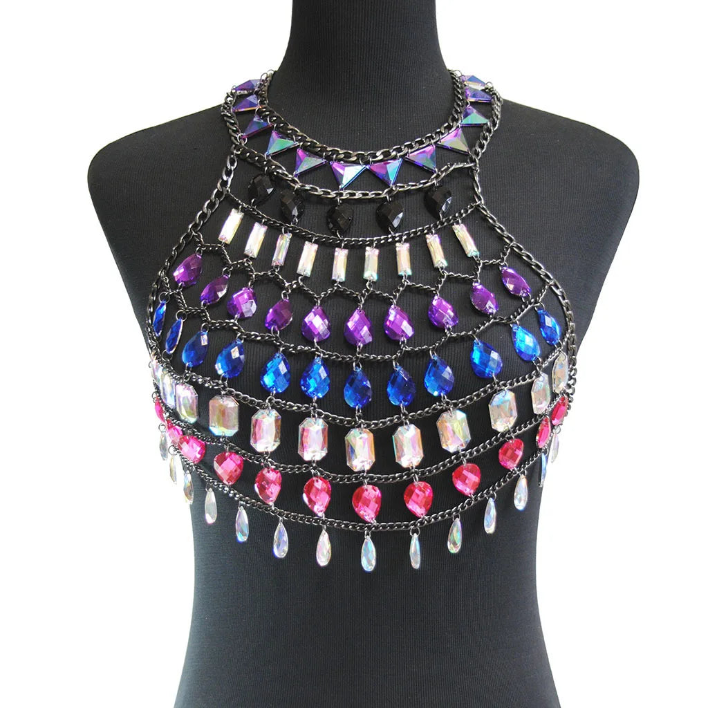 Women Boho style Shiny Acrylic Crystal Festival outfit Tank Top Halter Patchwork Gem Sequins Cami Crop Top