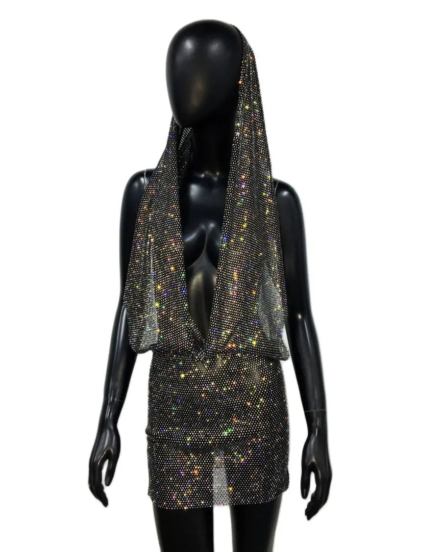 black Sparkly mesh Rhinestone Hooded Dress for women festival fashion