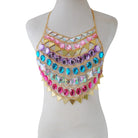 gold Women Boho style Shiny Acrylic Crystal Festival outfit Tank Top Halter Patchwork Gem Sequins Cami Crop Top