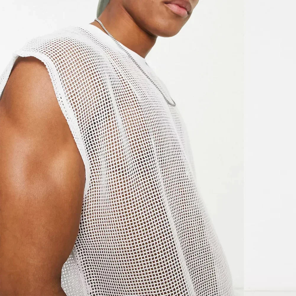 white Men's Mesh See-Through Sleeveless Loose Shirt