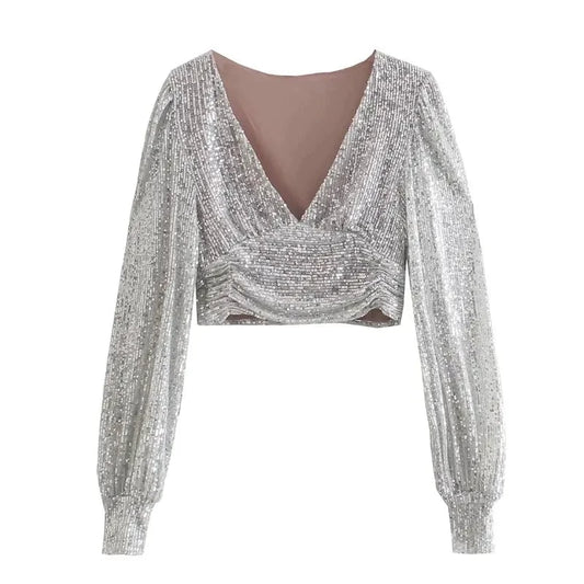 Long Sleeve Sequin Top Outfit Festival Fashion Concert Rave Party Grey Silver