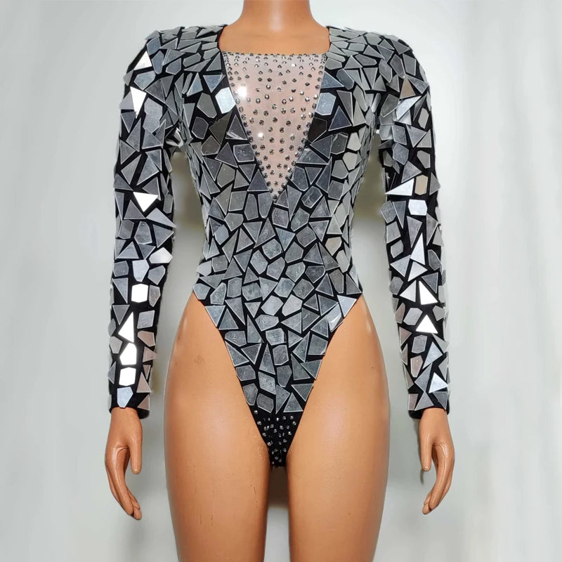 Silver Mirror Rhinestone Bodysuit