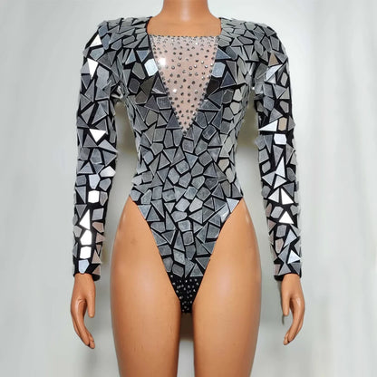 Silver Mirror Rhinestone Bodysuit