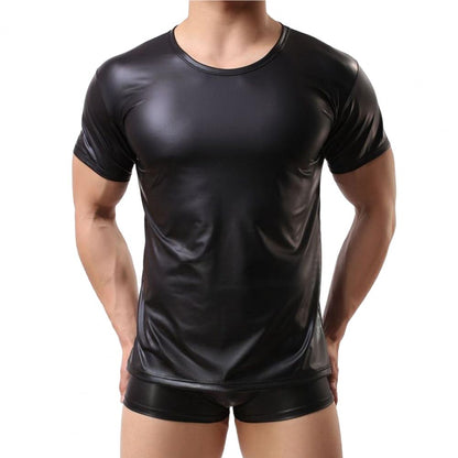 Black Faux Leather Elastic Short-Sleeve T-Shirt