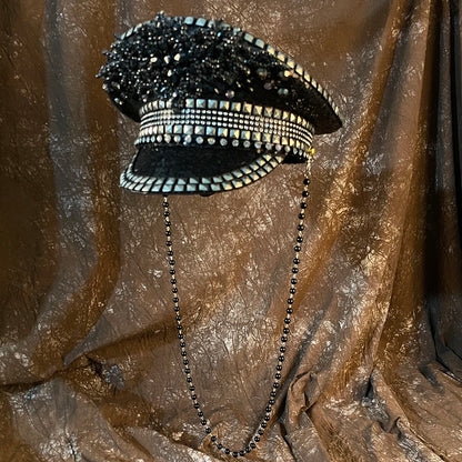 Black Sequins Rhinestones Military Hat