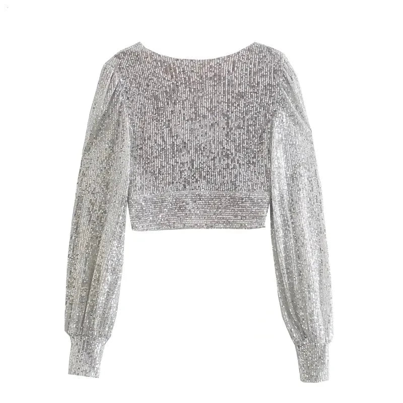 Grey Silver Long Sleeve Sequin Top Festival outfit Rave wear