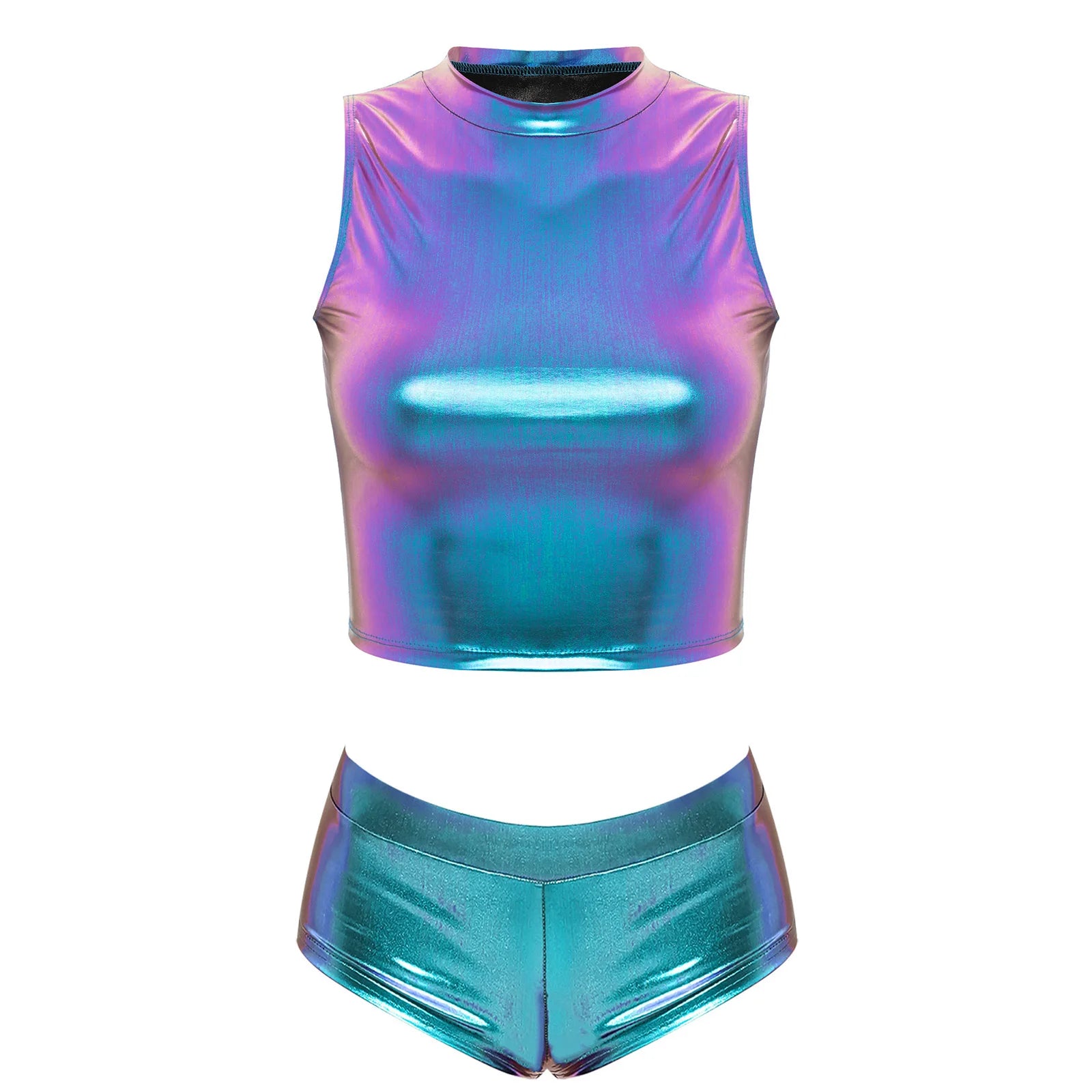 Blue Holographic Crop Top and Short Set