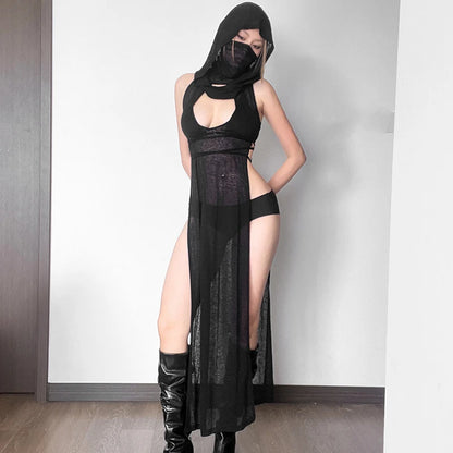 Black Hooded Knitted Long Dress