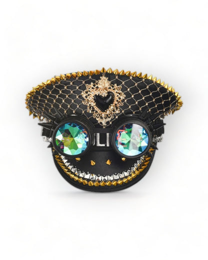 black Military Hat with Rhinestones cosplay burning man festival outfit