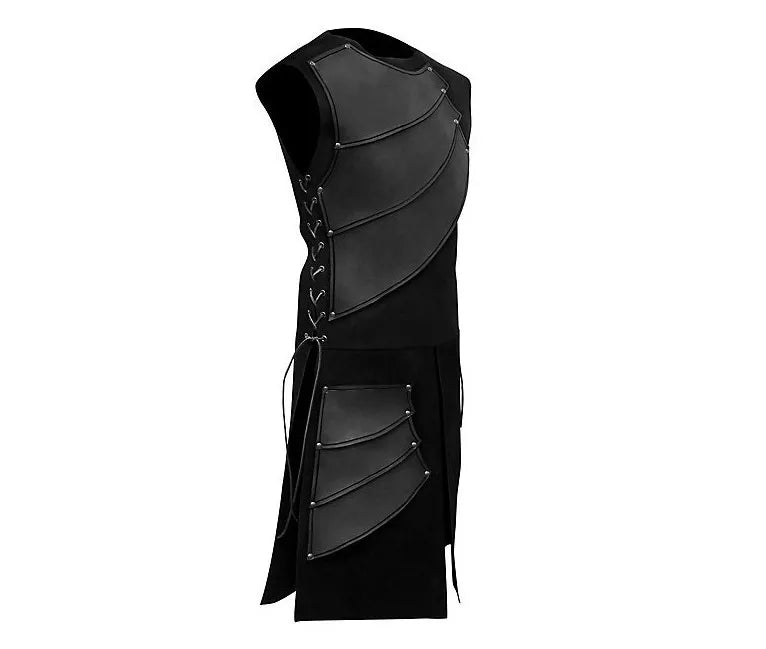 Black sleeveless steampunk armour vest with diagonal PU leather panels, metal rivets, and side lacing.
