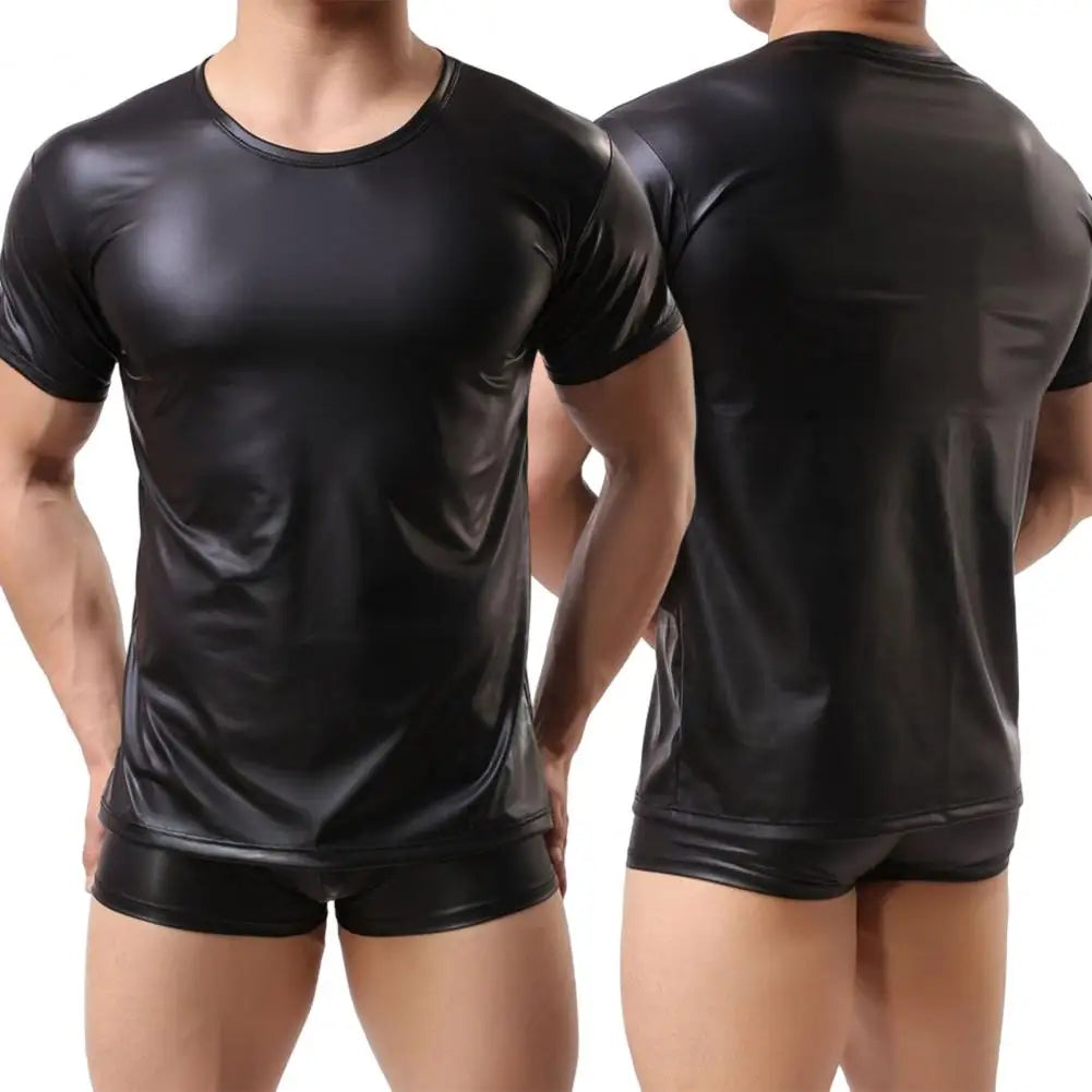 Black Faux Leather Elastic Short-Sleeve T-Shirt