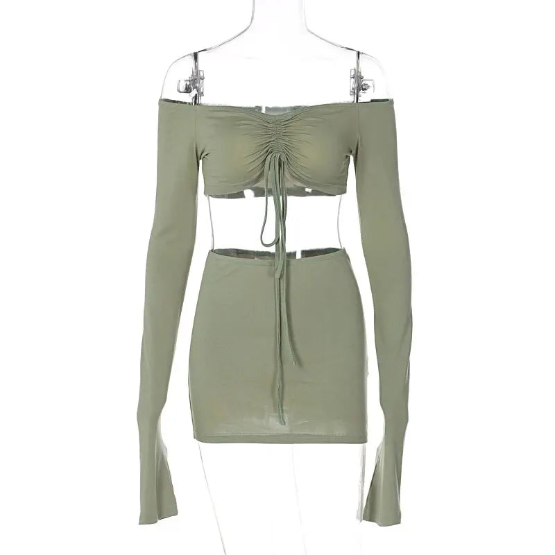 Green Long Sleeve Crop Top with Mini Skirt