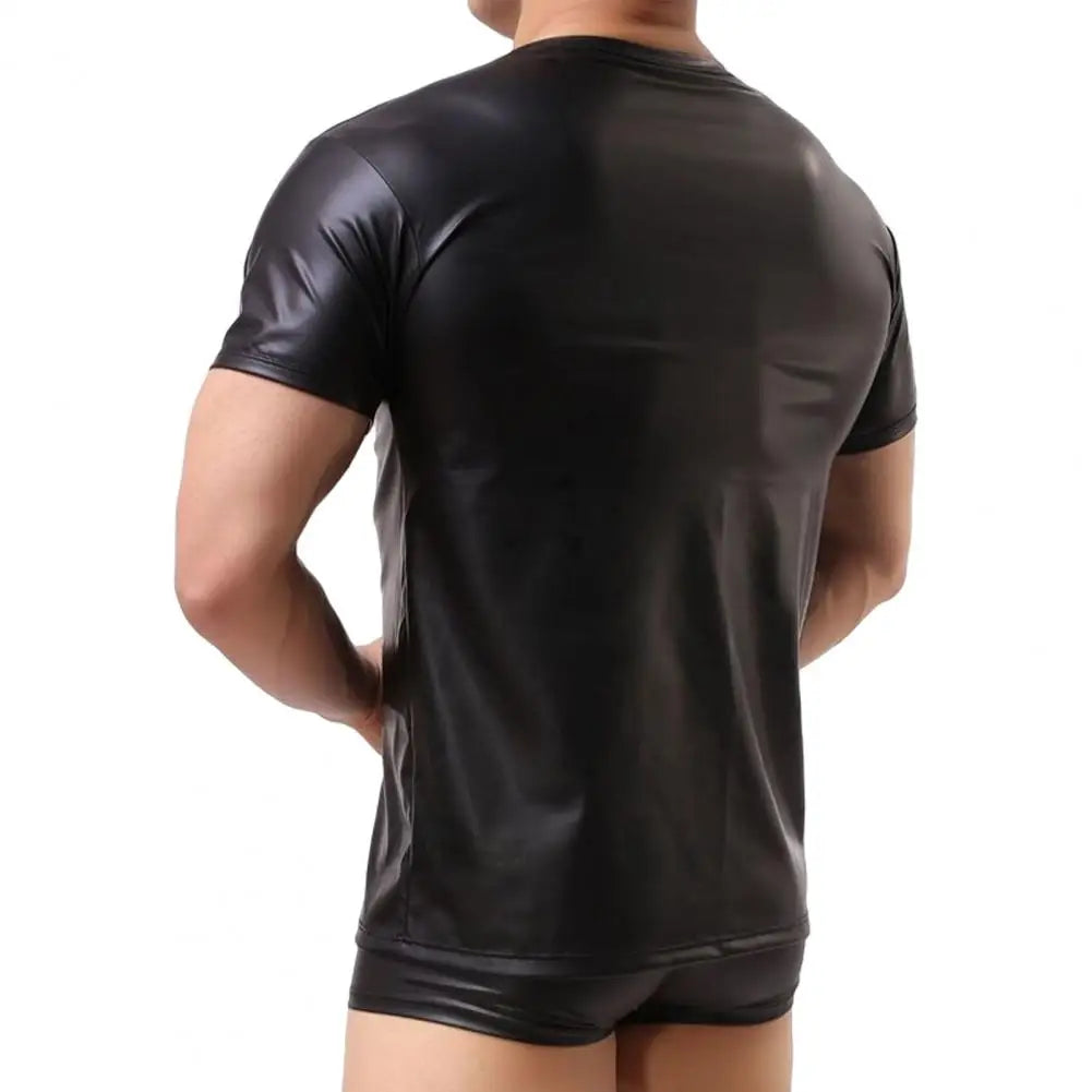 Black Faux Leather Elastic Short-Sleeve T-Shirt