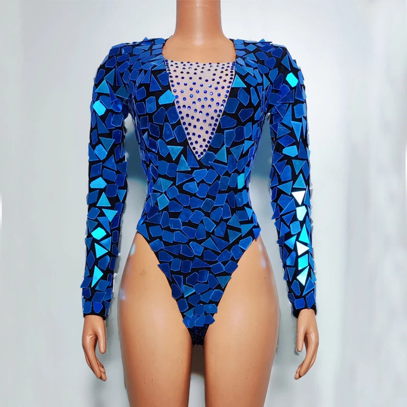 Blue Mirror Rhinestone Bodysuit