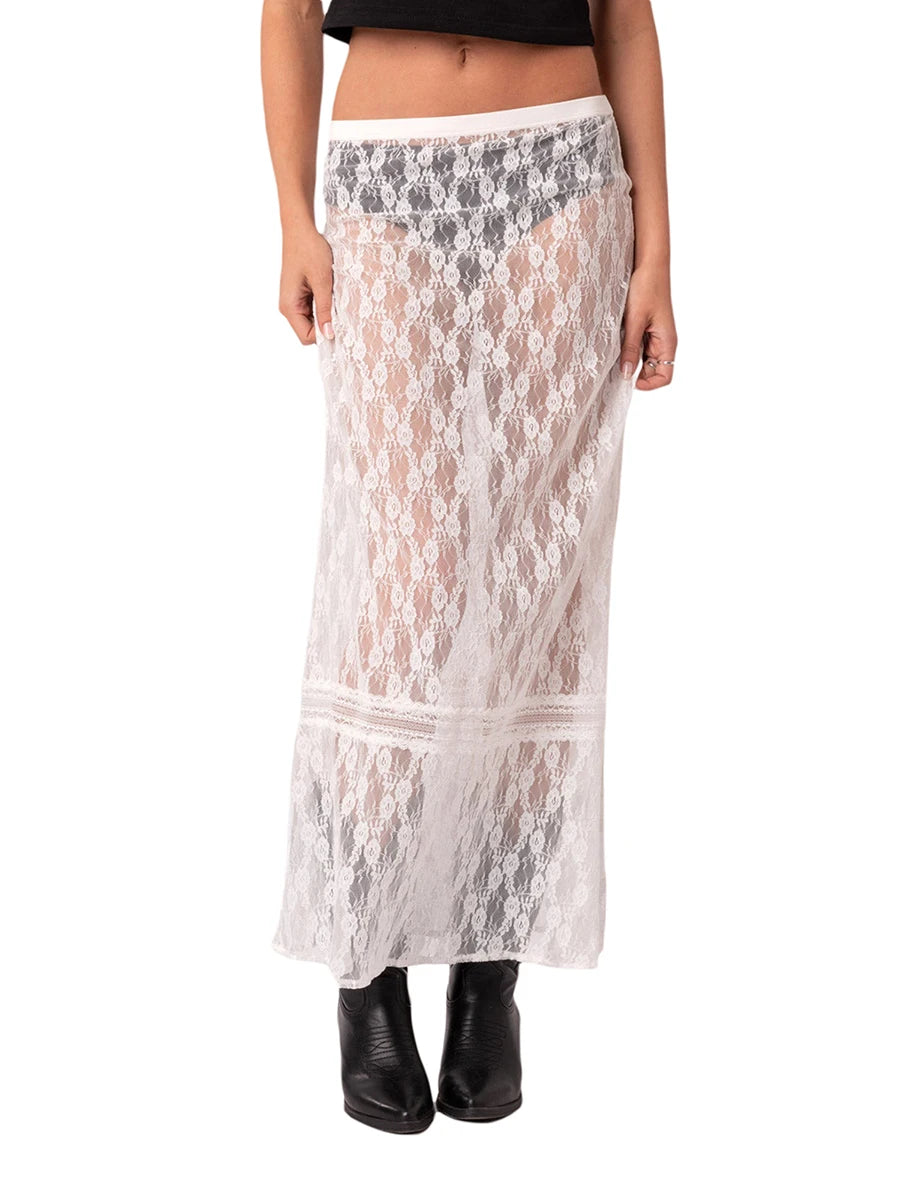 White Sheer Lace See-Through Skirt