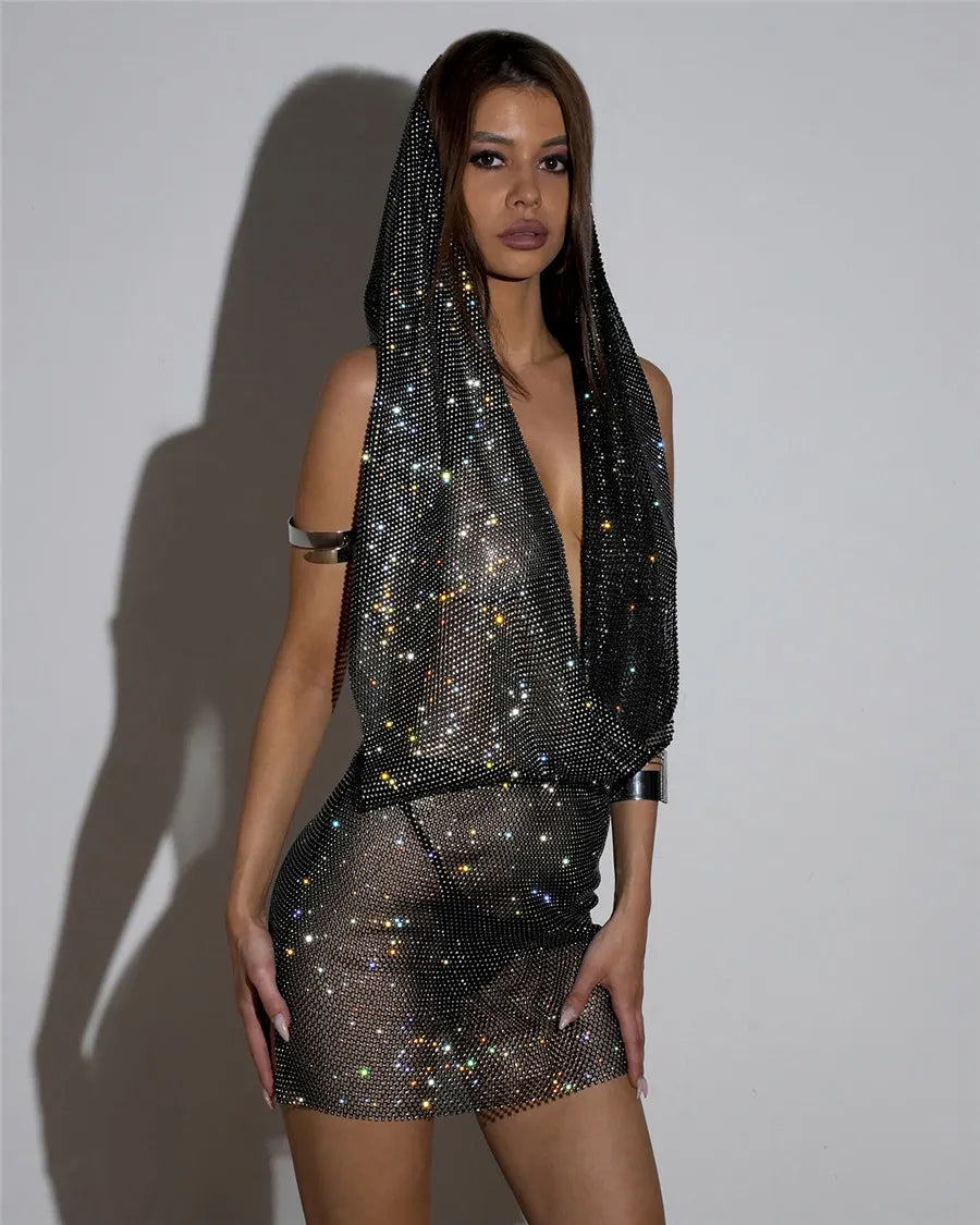 black Sparkly See Through mesh Rhinestone Hooded Dress for women festival outfit