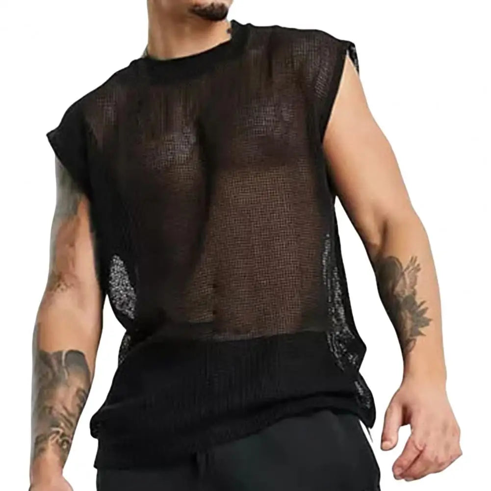 black Men's Mesh See-Through Sleeveless Loose Shirt