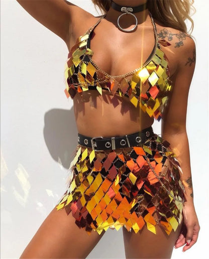 yellow orange Rhombic Metal Backless Skirt and Top Set Festival Outfit Fashion Concert Rave outfits