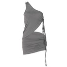 grey Crop Top Mini Skirt Set One Shoulder festival outfit