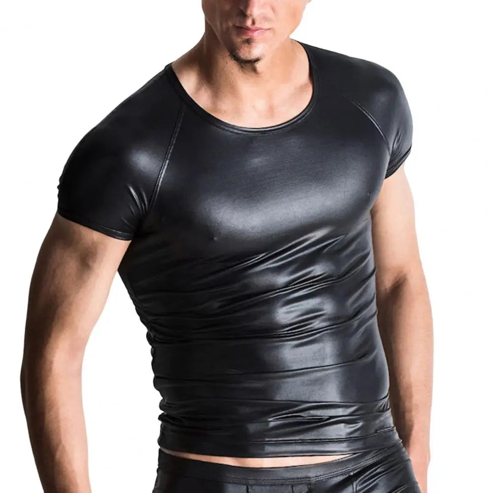 Black Faux Leather Elastic Short-Sleeve T-Shirt