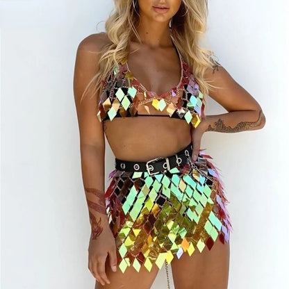 gold yellow Rhombic Metal Backless Skirt and Top Set Festival Outfit Fashion Concert Rave outfits