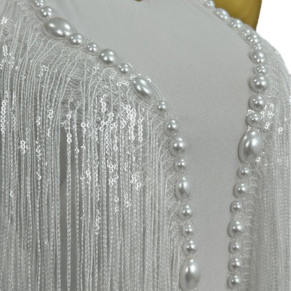 White Tassel Pearl Sequin Fringe Bodysuit