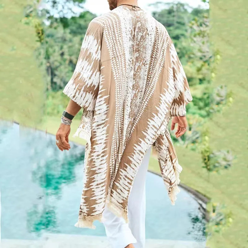 Unisex Tulum Sand Fringe Kimono in soft rayon, featuring a warm sand and white stripe pattern with natural fringe.