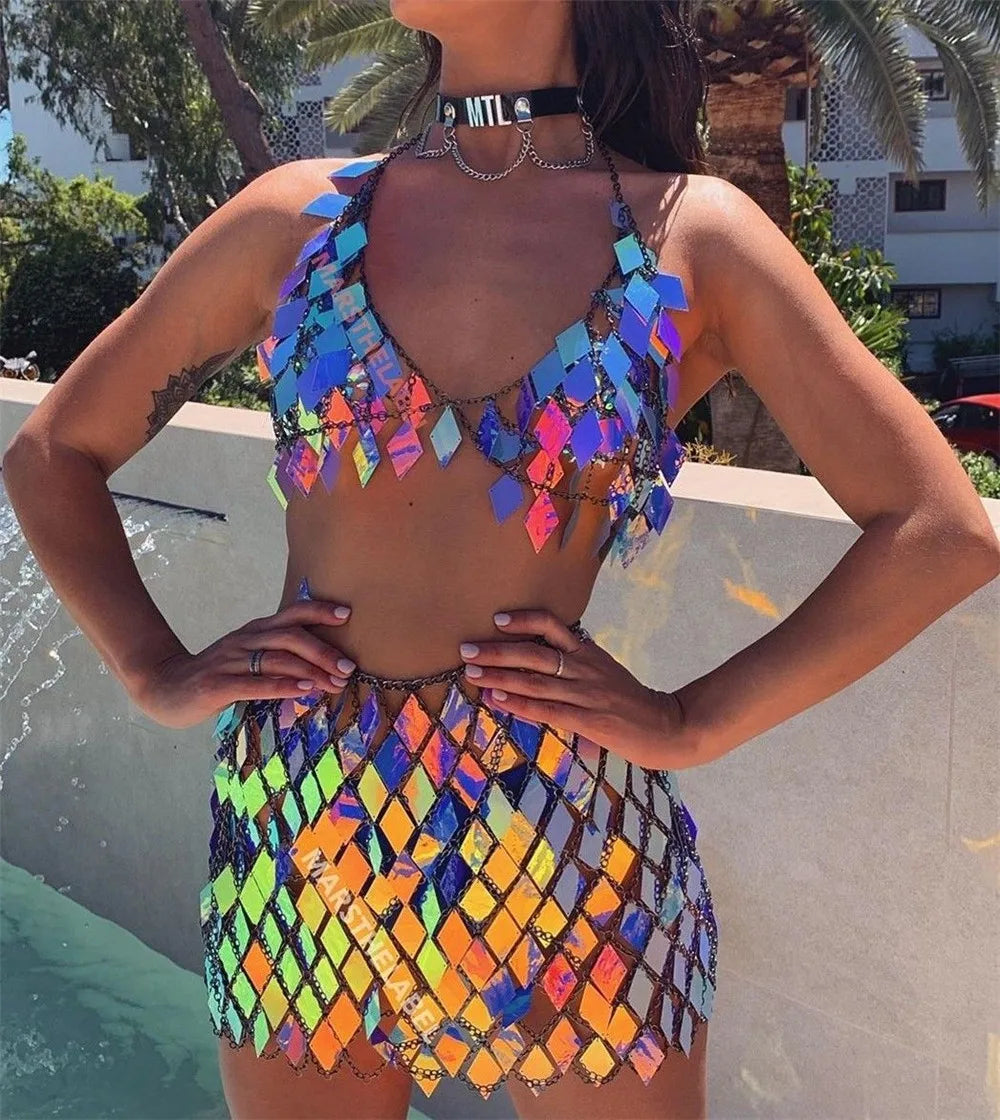 Rhombic Metal Backless Skirt and Top Set Festival Outfit Fashion Concert Rave outfits