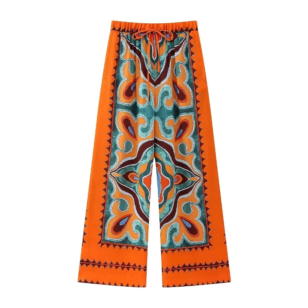 orange blue green Boho Style Set print dress Strapless Lace-up Top High Waist Straight Long Pants Fashion Festival Outfits Concert Rave Party 