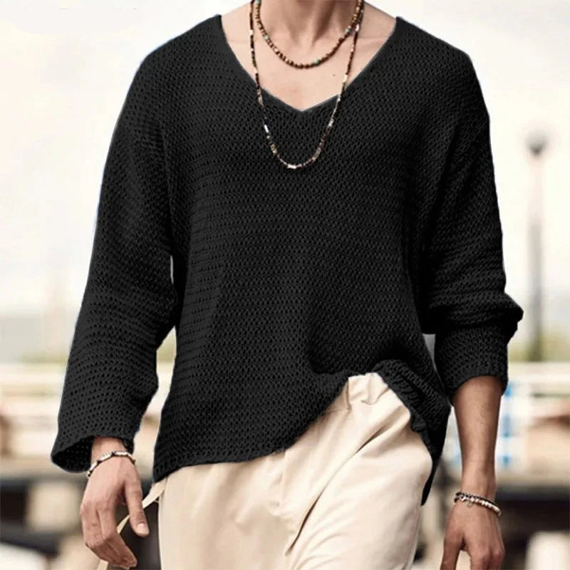 Black Boho Style Long Sleeve Thin Knitted Sweater Top Knit Pullover See Through festival outfit fashion