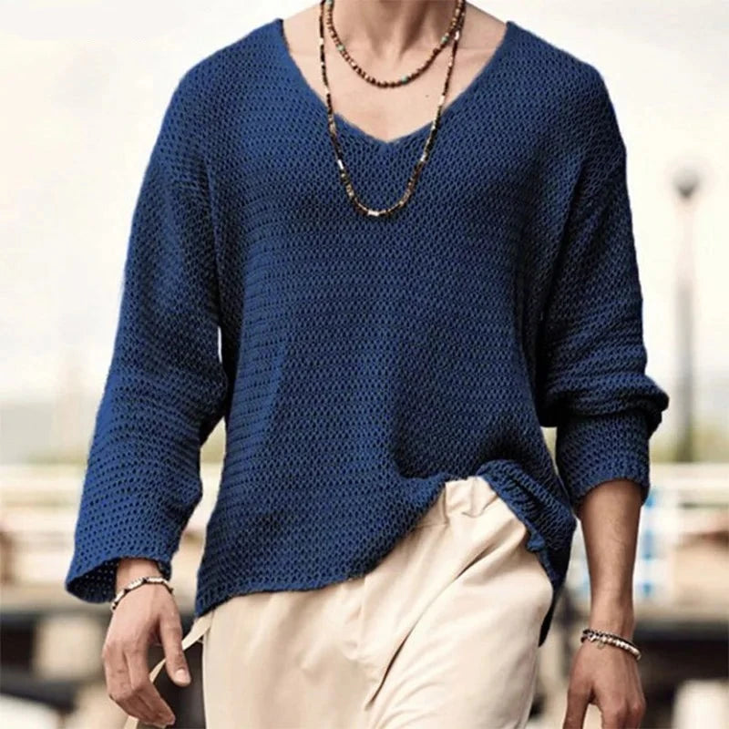 Boho Style Long Sleeve Thin Knitted Sweater Top Knit Pullover See Through festival outfit fashion Blue