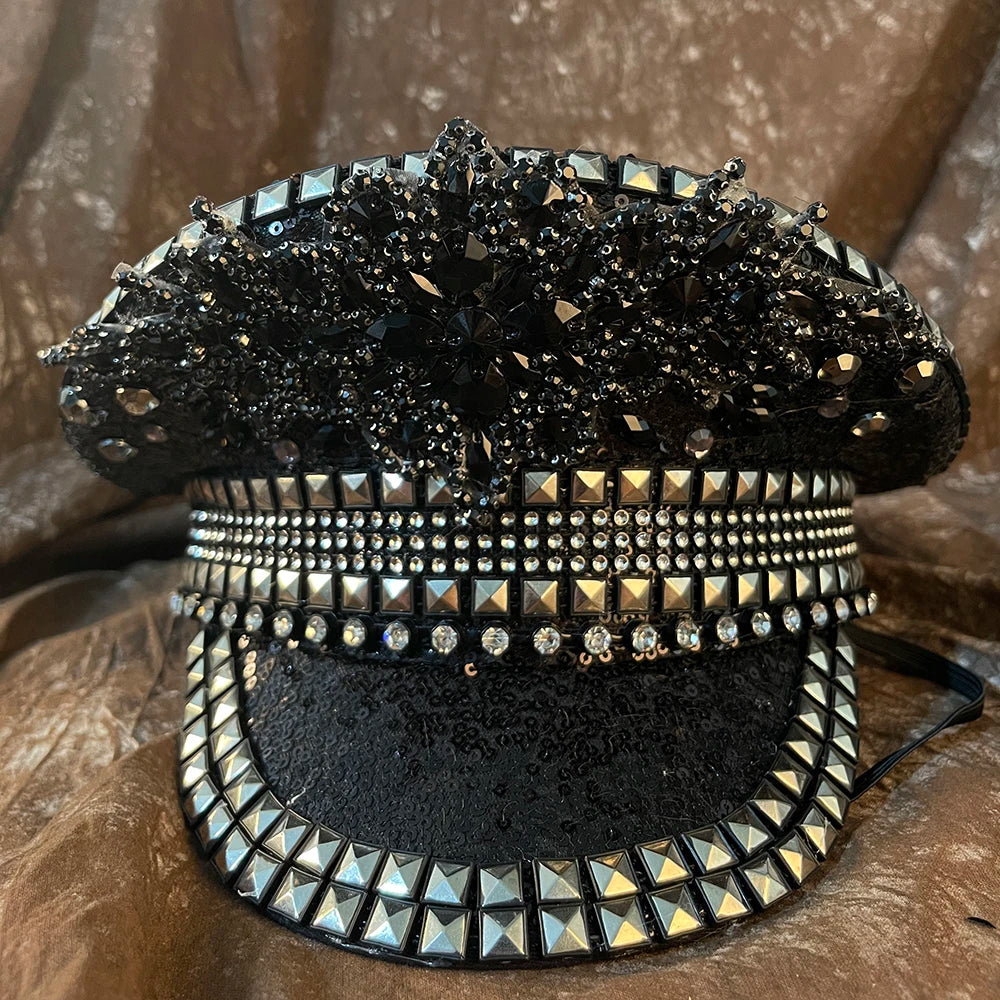 Black Sequins Rhinestones Military Hat