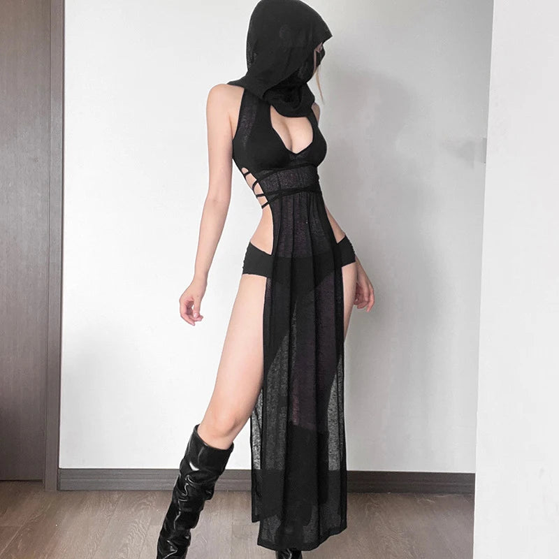 Black Hooded Knitted Long Dress