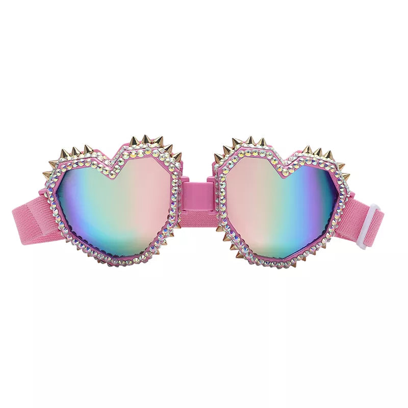 Heart Shaped Goggle Sunglasses Steampunk Cyberpunk Pink crystals  Burning man Festival Rave