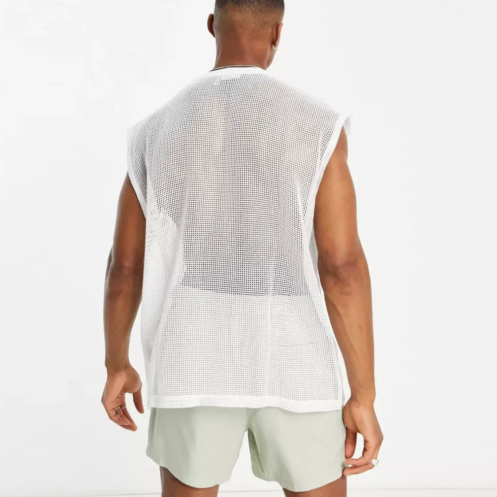 white Men's Mesh See-Through Sleeveless Loose Shirt