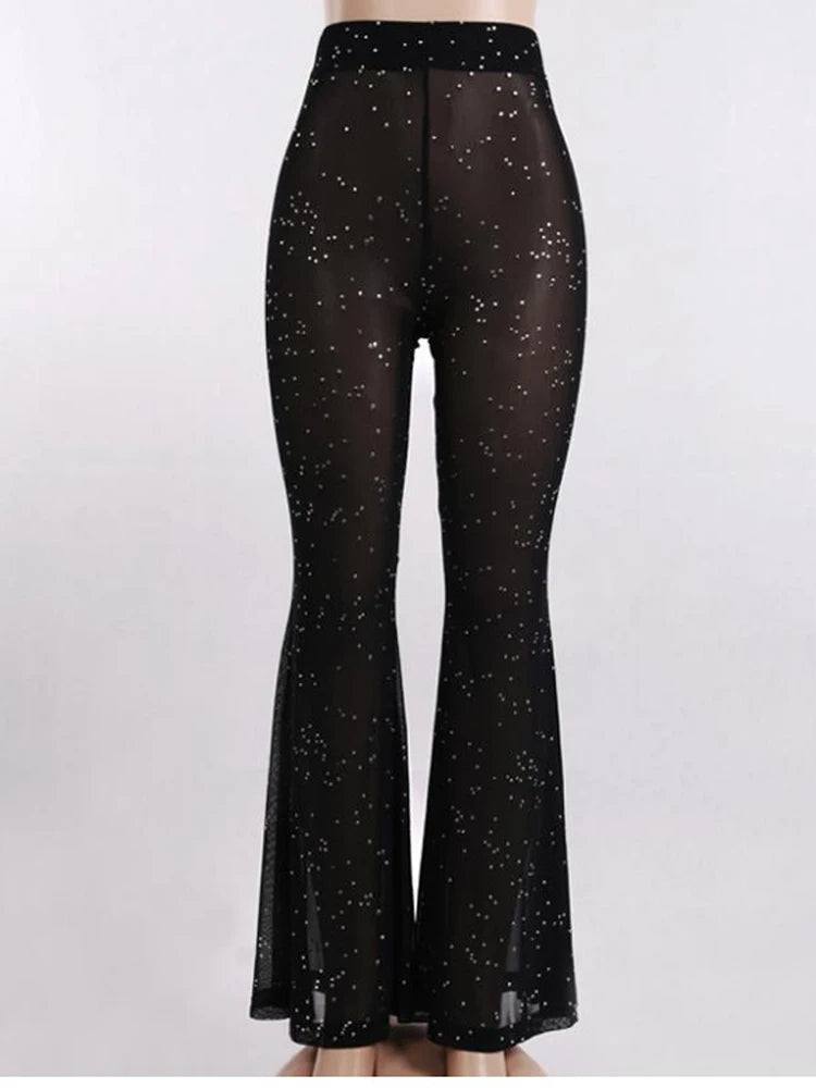 black Long Transparent Pants With Glitter Mesh festival outfits