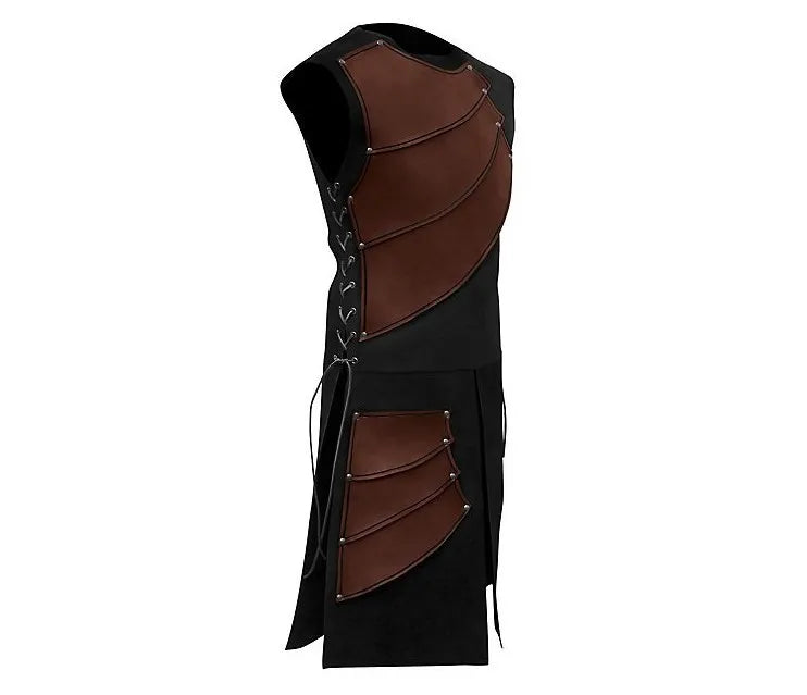 Black sleeveless vest with brown PU leather armour panels, metal rivets, and adjustable side lacing.