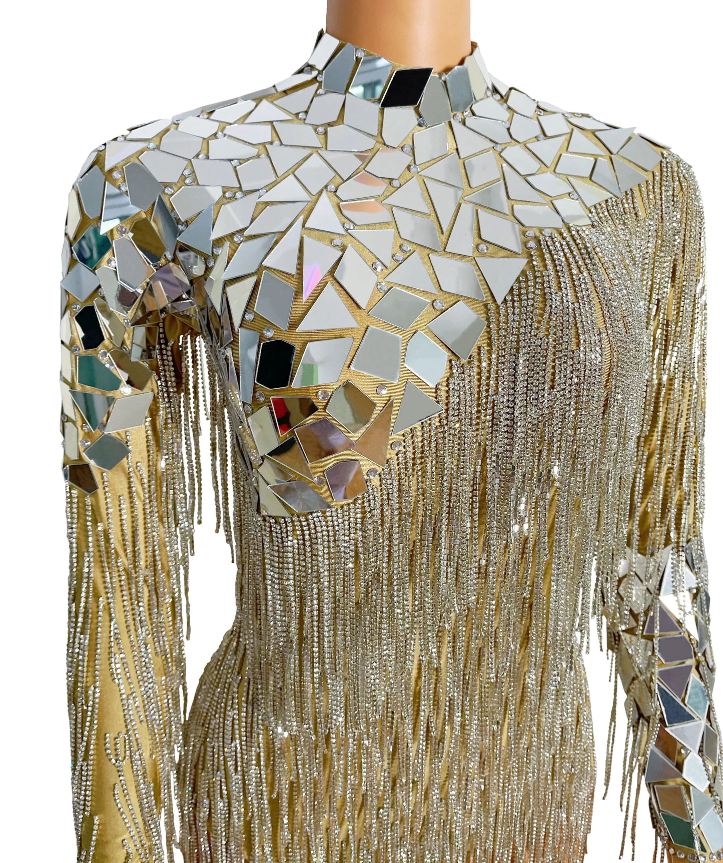 Mirror Rhinestone Chain Backless Bodysuit