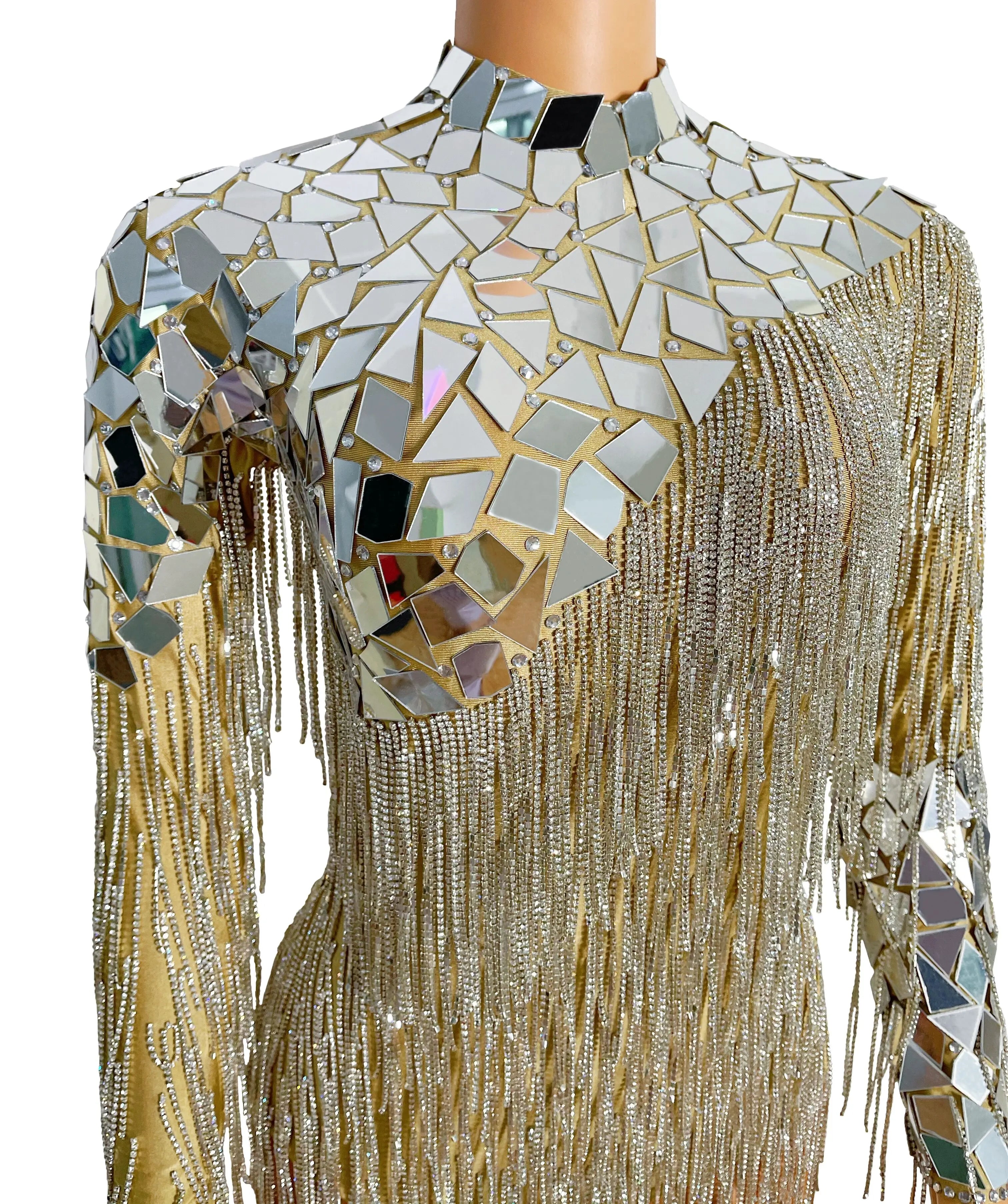 Mirror Rhinestone Chain Backless Bodysuit