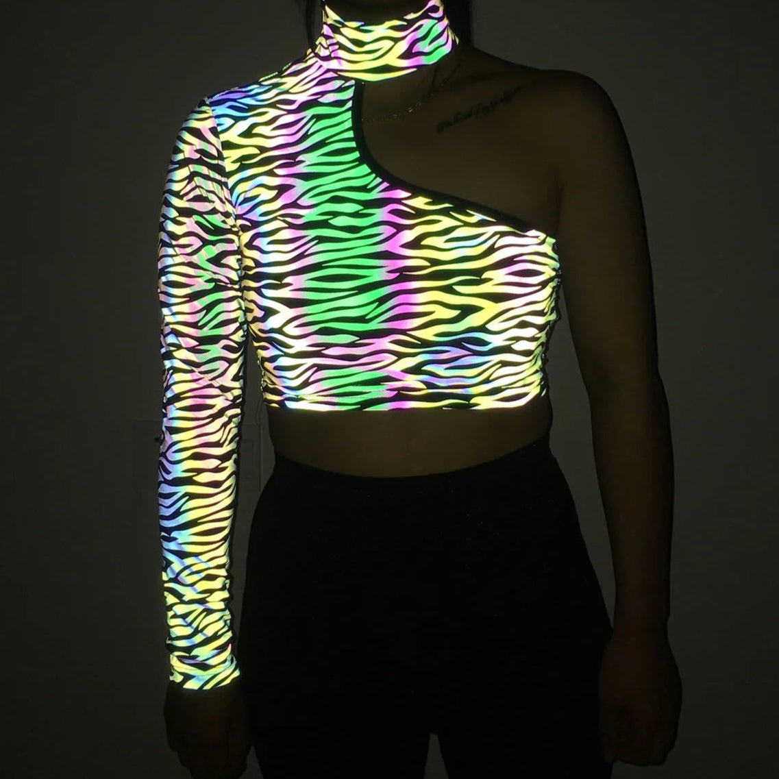 Holographic Reflective One Shoulder Crop Top