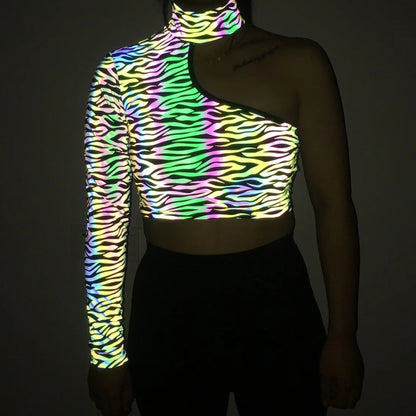 Holographic Reflective One Shoulder Crop Top
