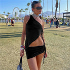 black Crop Top Mini Skirt Set One Shoulder festival look