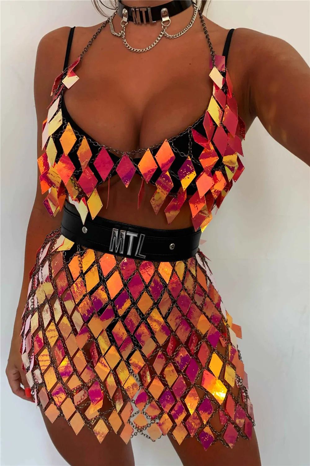 Rhombic Metal Backless Skirt and Top Set Festival Outfit Fashion Concert Rave outfits