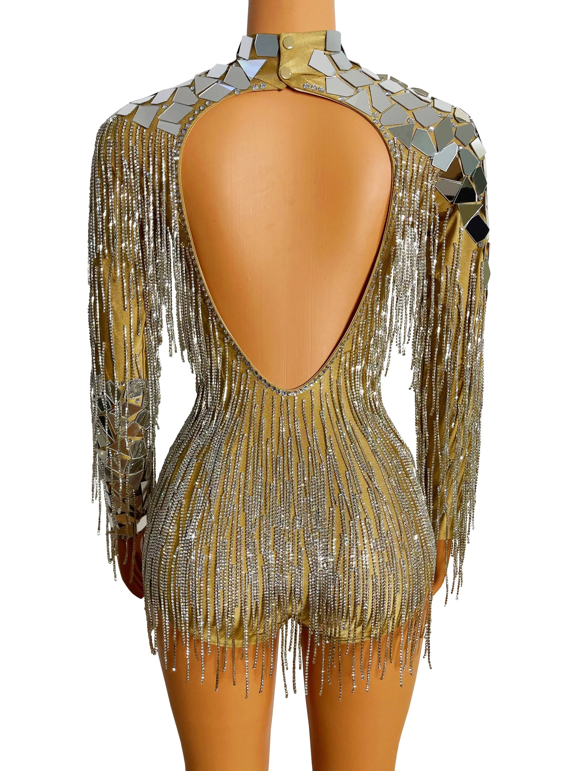 Mirror Rhinestone Chain Backless Bodysuit